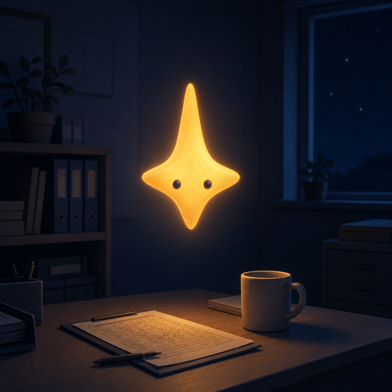 Lode, the small gold four-pointed star that keeps the workspace, holding still above a desk in a dark office at night.